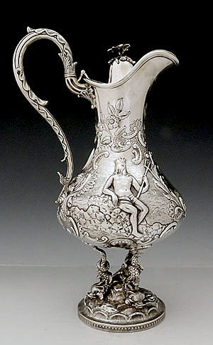 William F Ladd New York coin silver antique wine ewer with Neptune and sailing ship